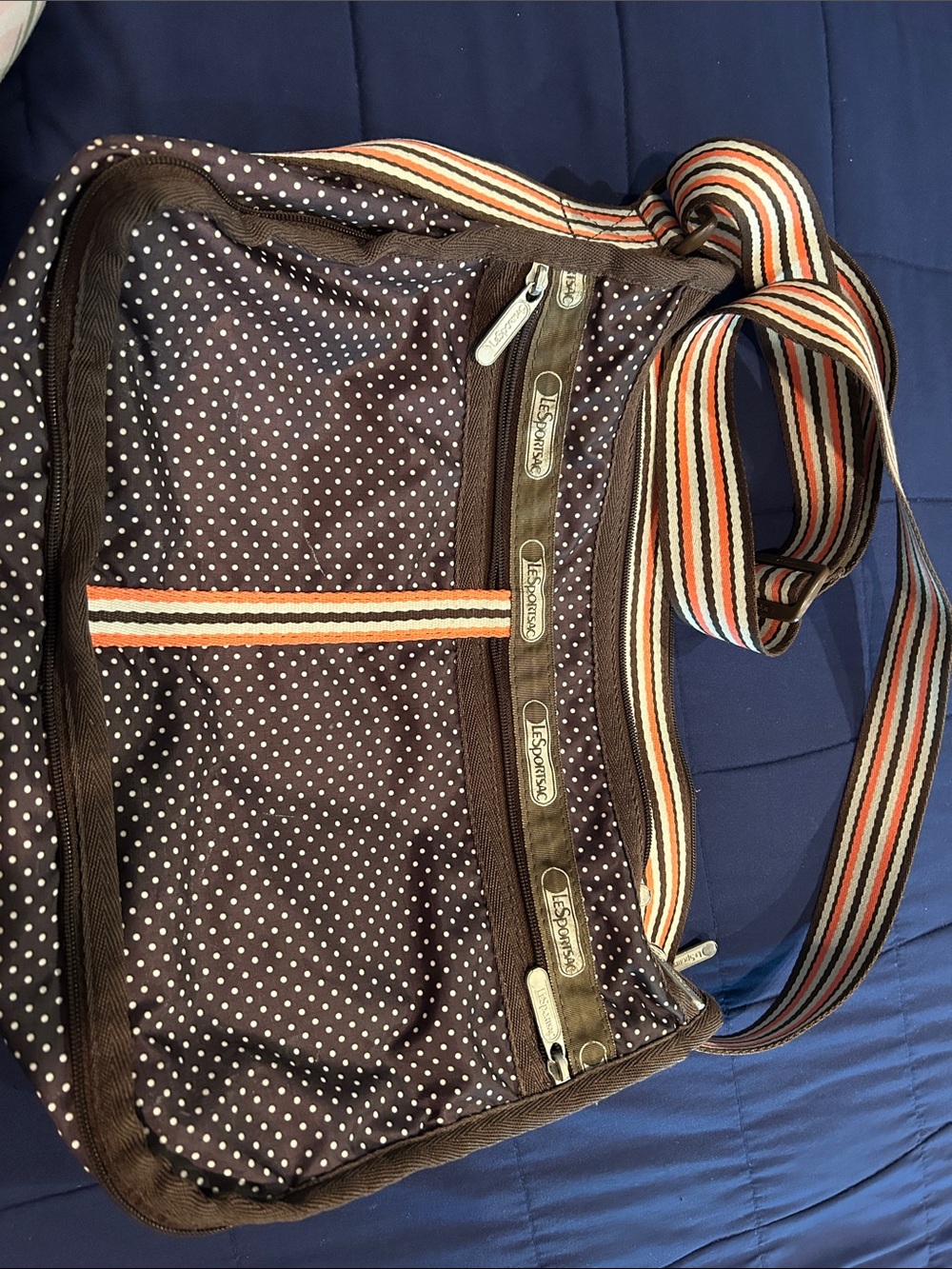 Lesportsac Brown Polka Dot Crossbody with Multicolor Striped Strap